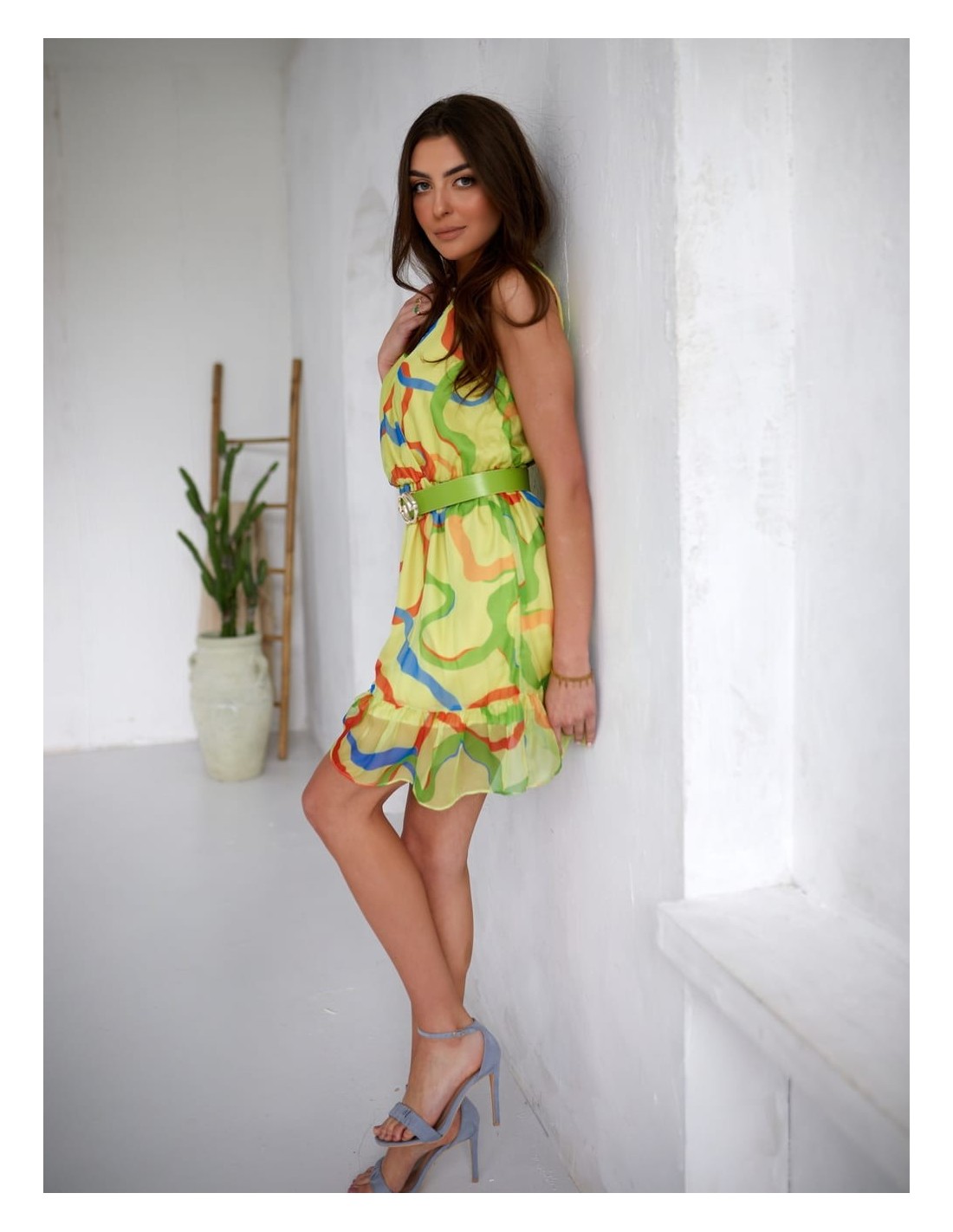 Light patterned dress with a yellow-green belt 03040 - Online store - Boutique